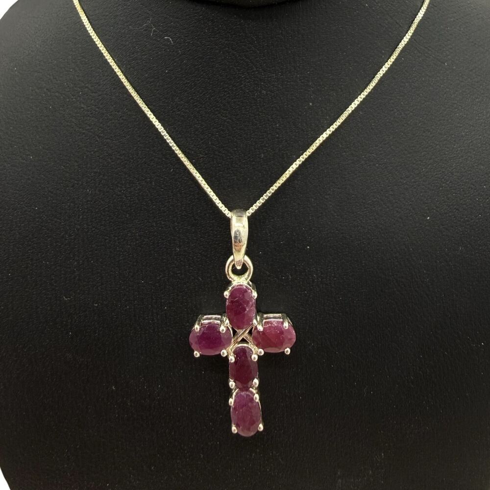 Natural Ruby Cross Pendant 18in Necklace 925 Sterling Silver Religious Artisan